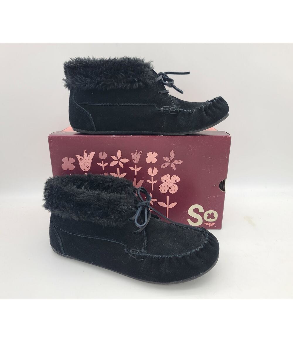 SO Women 10 Black Faux Suede Moccasin-Style Shoes Booties Laces Faux Fur Cuffs